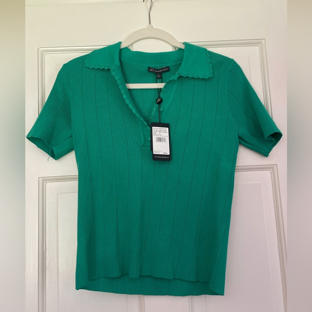 Adrianna Papell Green Ribbed Polo Blouse